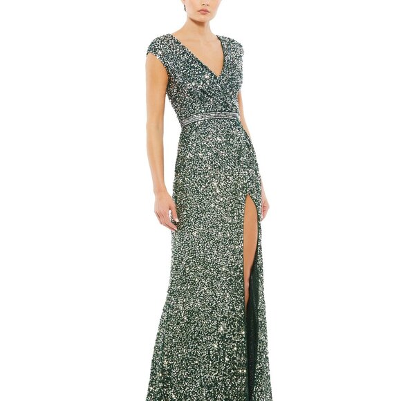 Mac Duggal Cap Sleeve Sequined High Slit Gown (Forest Green, Size 6) - Picture 1 of 4